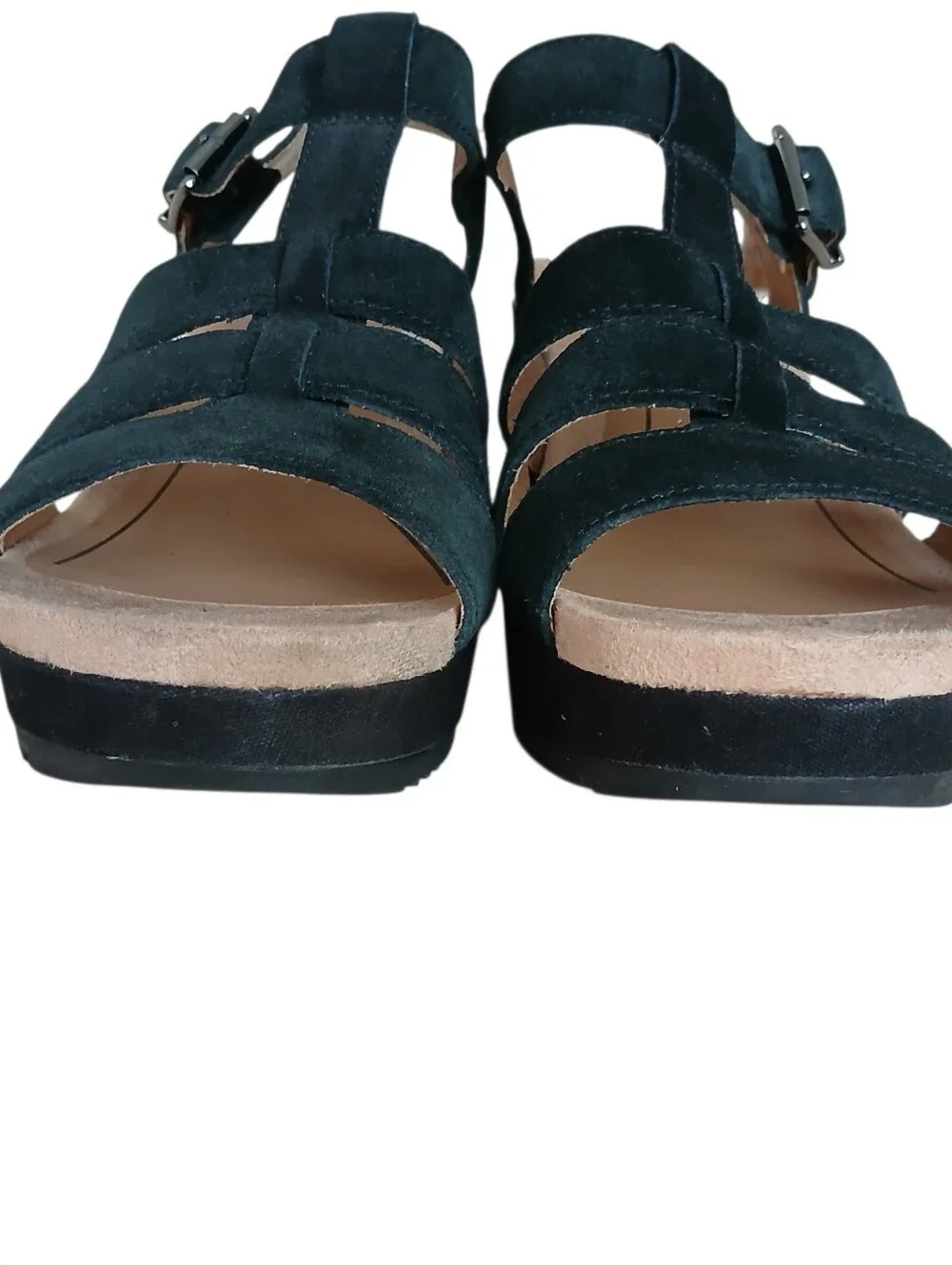 Vionic Tawny Suede Wedge T Strap Sandals 8 WIDE Black Buckle Strappy Comfort Lux